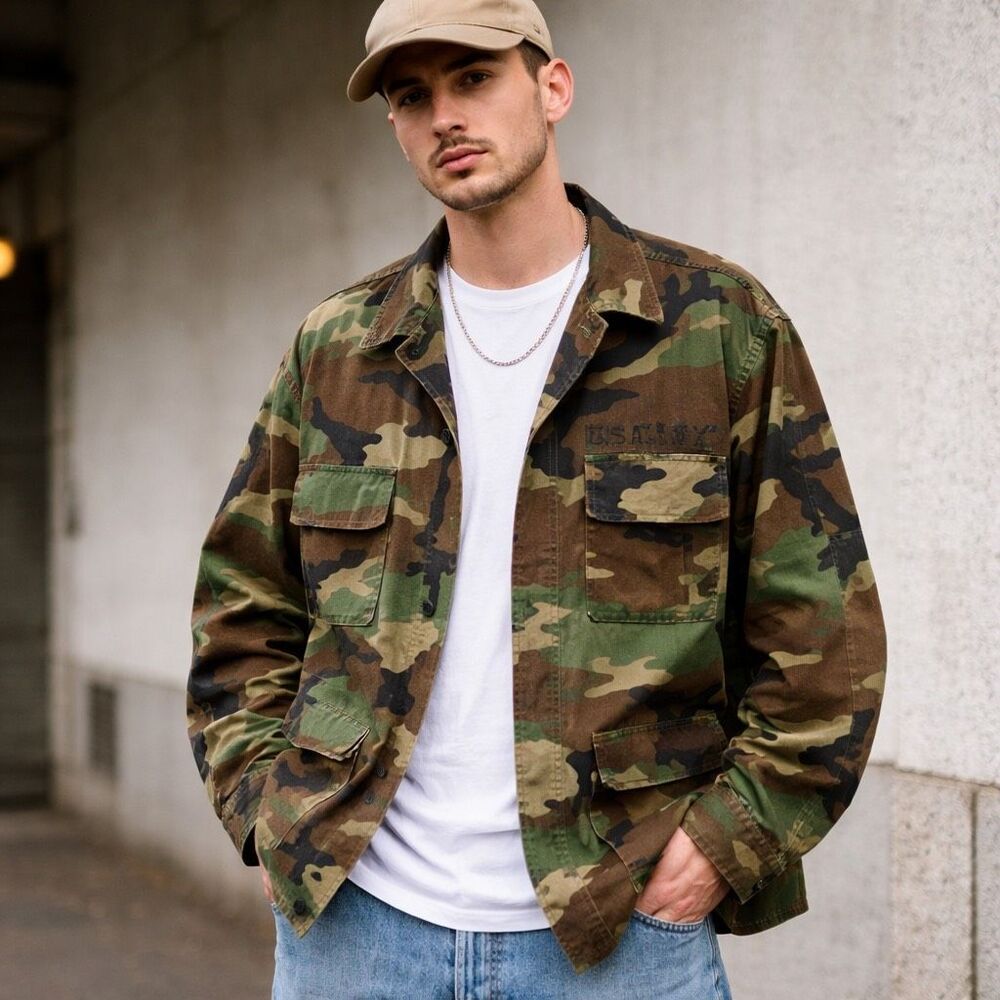 Vintage ‘83 US Army BDU Jacket Woodland Camo Mens L Ripstop Military Streetwear